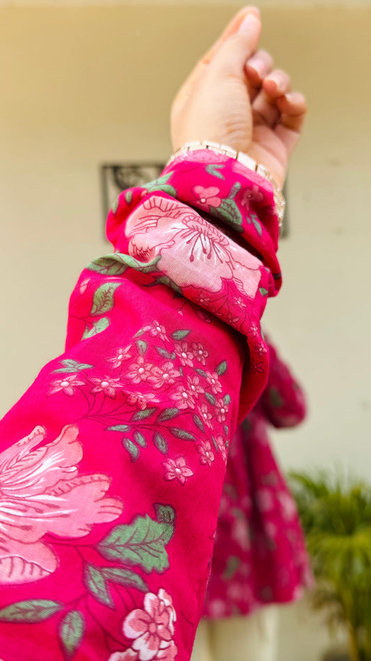 Cotton Pink Flared Floral Print Aliacut Peplum Top