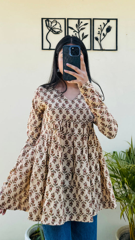 Katha Cotton Beige Flared Printed Aliacut Peplum Top