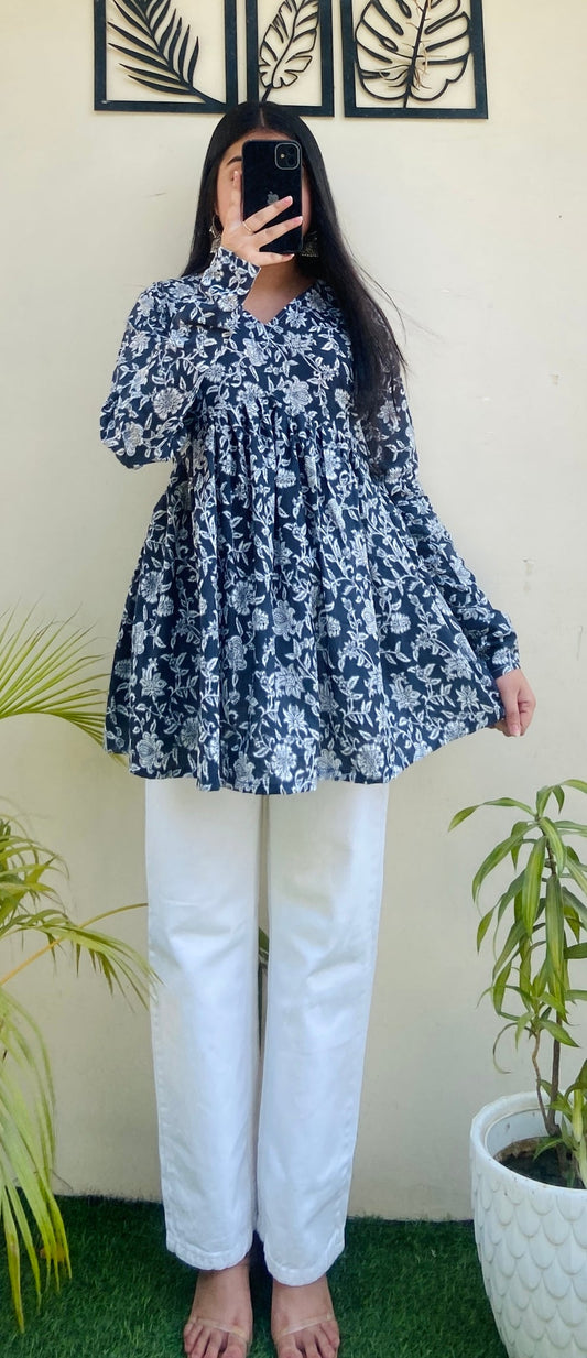 Cotton Flared Aliacut Floral Print Peplum Top