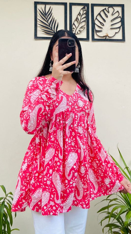 Cotton Flared Pink Printed Aliacut Peplum Top