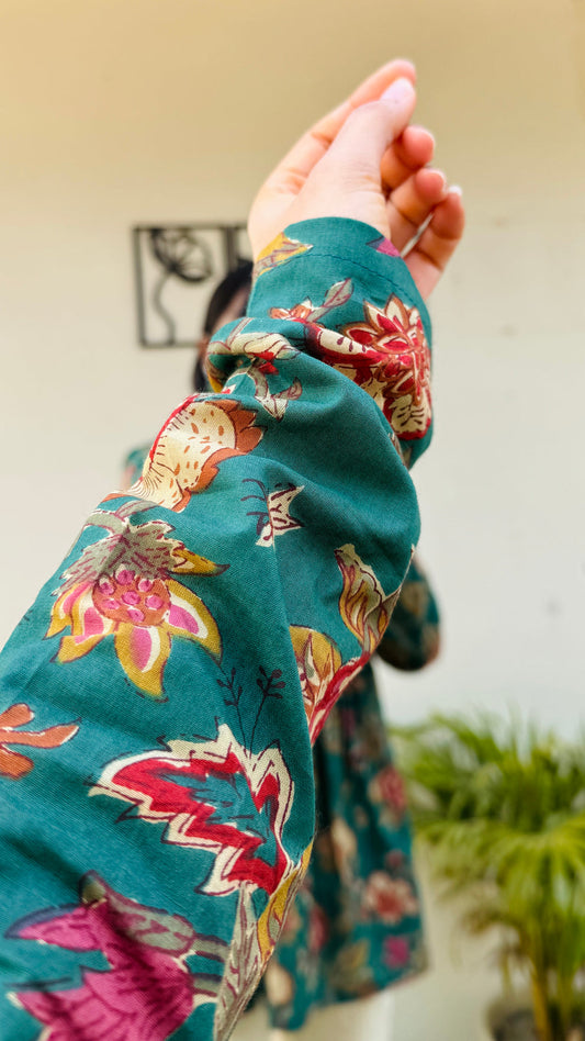 Cotton Flared Bottle Green Aliacut Floral Print Peplum Top