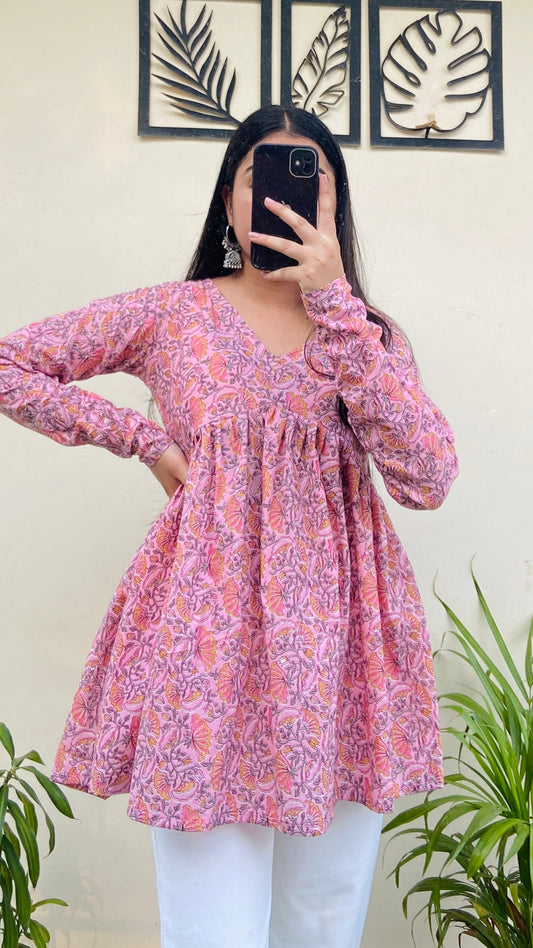 Cotton Flared Baby Pink Aliacut Printed Peplum Top