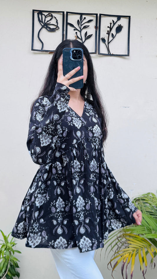 Cotton Blue Flared Printed Aliacut Peplum Top