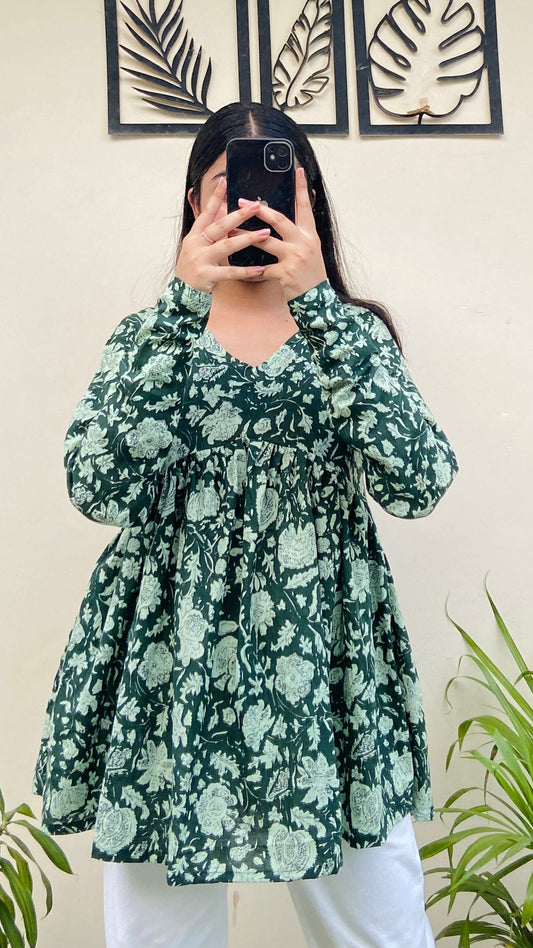 Cotton Flared Olive Green Printed Aliacut Peplum Top