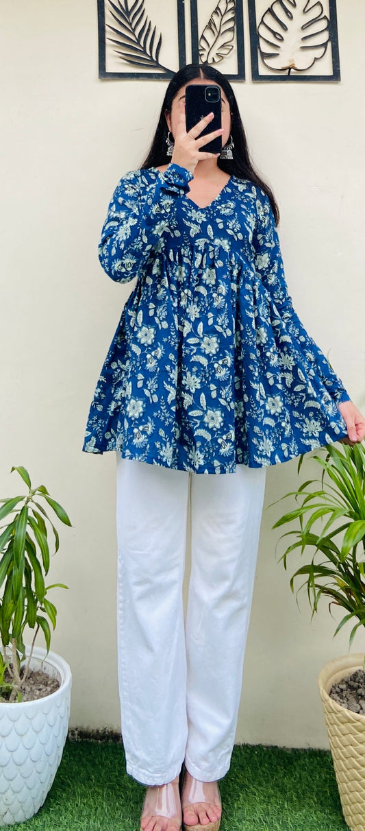 Cotton Flared Royal Blue Aliacut Floral Print Peplum Top