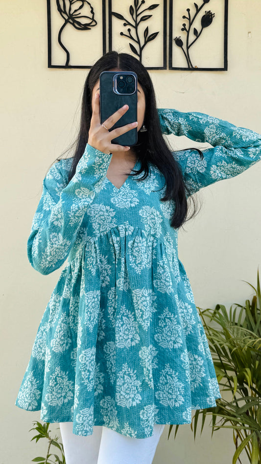 Katha Cotton Blue Flared Floral Print Aliacut Peplum Top