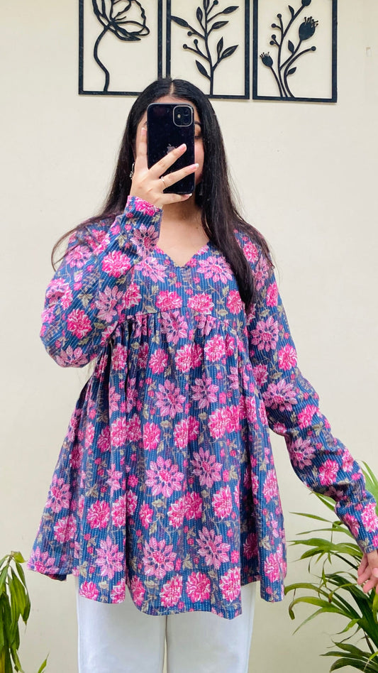 Cotton Blue Flared Printed Aliacut Peplum Top