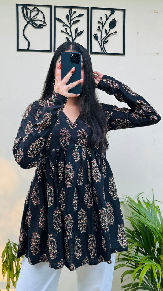Cotton Flared Black Aliacut Ajrakh Print Peplum Top