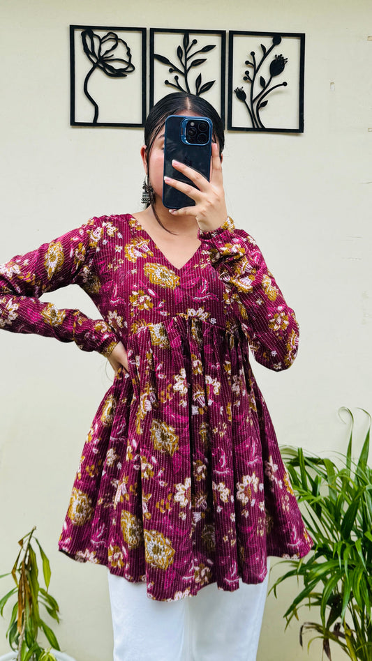 Cotton Katha Flared Wine Aliacut Floral Print Peplum Top