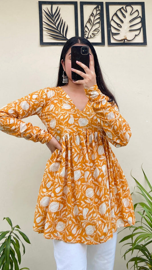 Cotton Yellow Flared Aliacut Floral Print Peplum Top