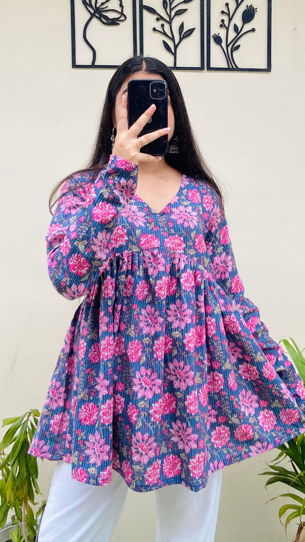 Cotton Blue Flared Printed Aliacut Peplum Top