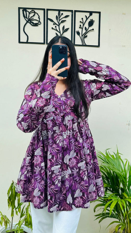 Cotton Wine Flared Floral Print Aliacut Peplum Top