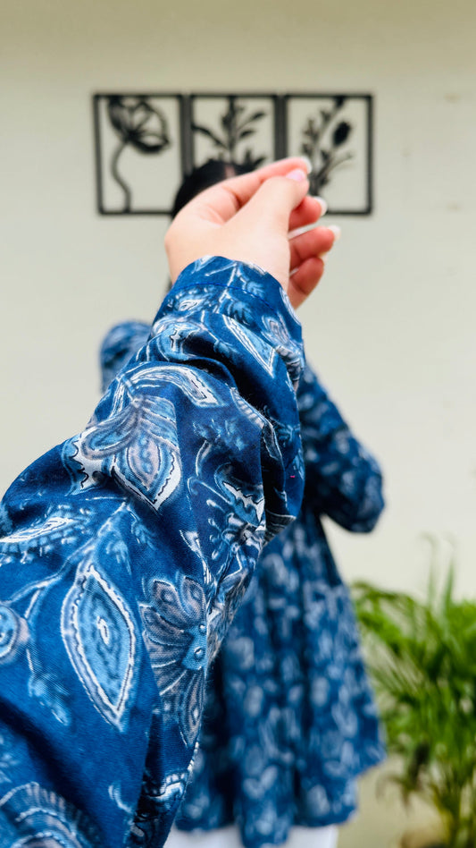 Cotton Flared Blue Aliacut Floral Print Peplum Top