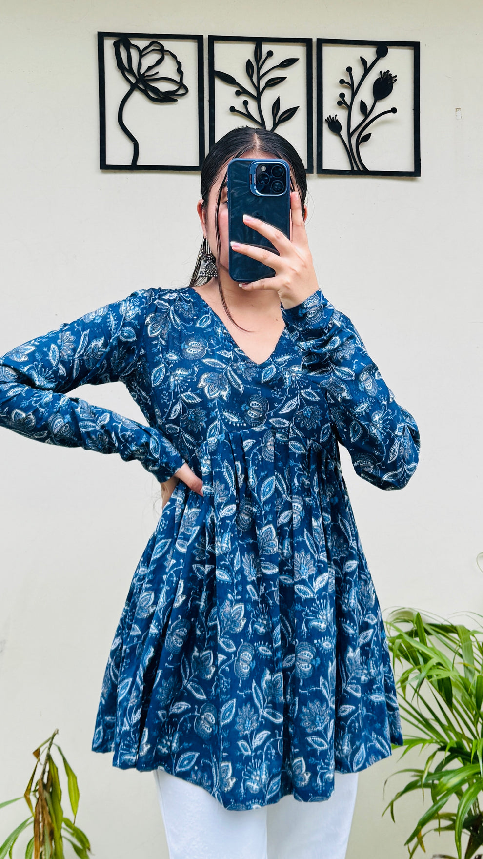 Cotton Flared Blue Aliacut Floral Print Peplum Top