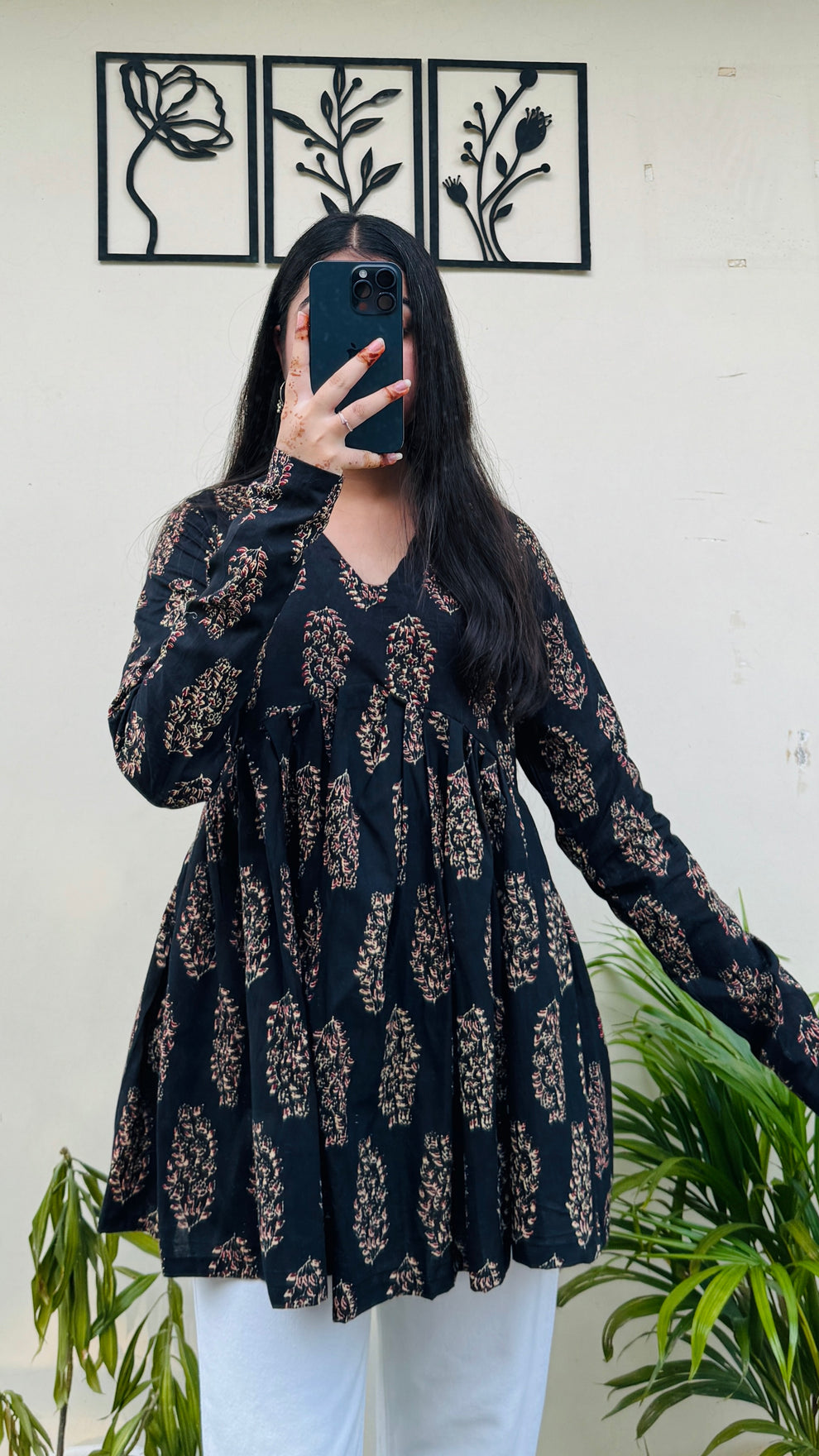 Cotton Flared Black Aliacut Ajrakh Print Peplum Top
