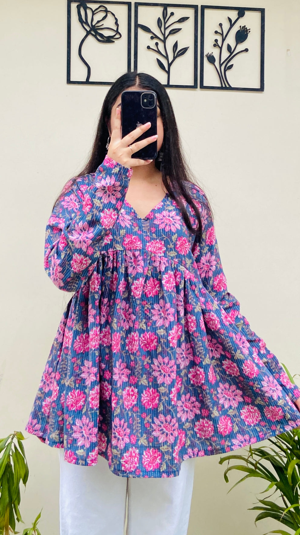 Cotton Blue Flared Printed Aliacut Peplum Top