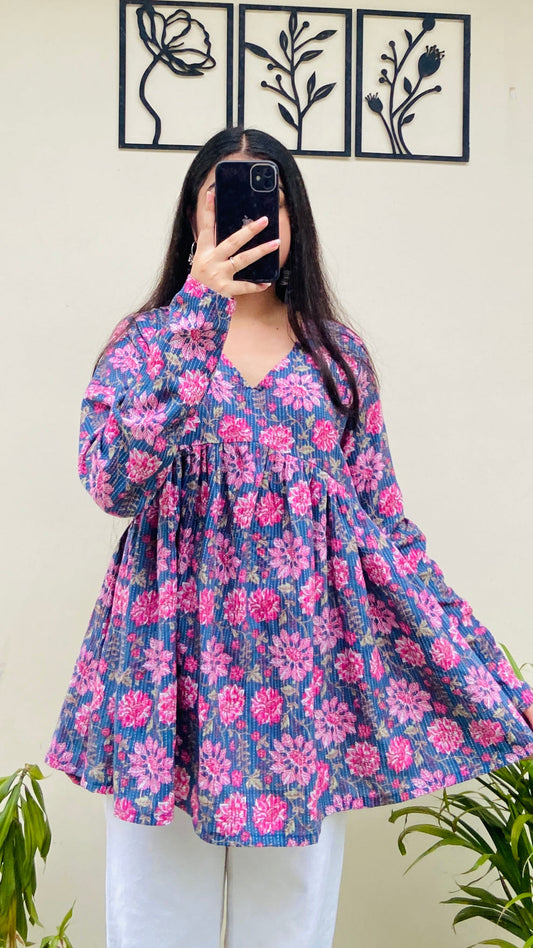 Cotton Blue Flared Printed Aliacut Peplum Top
