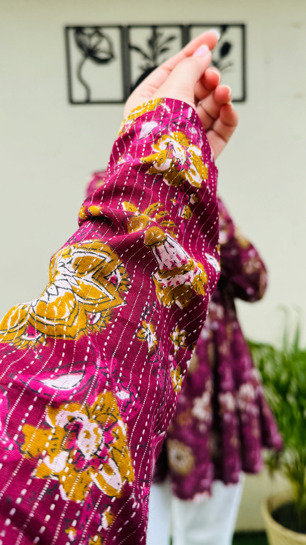 Cotton Katha Flared Wine Aliacut Floral Print Peplum Top