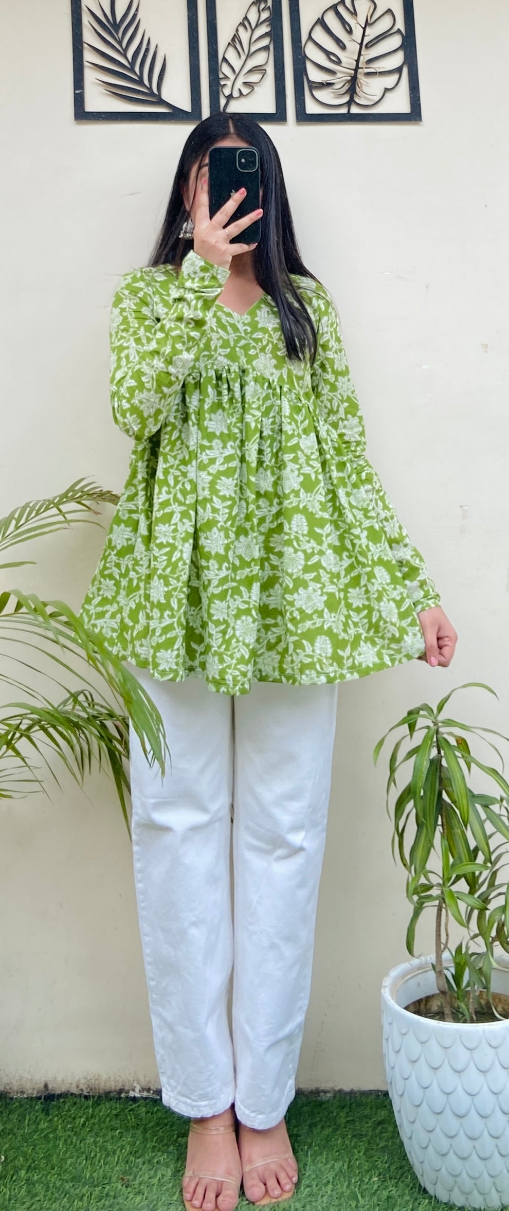Cotton Green Flared Aliacut Floral Print Peplum Top