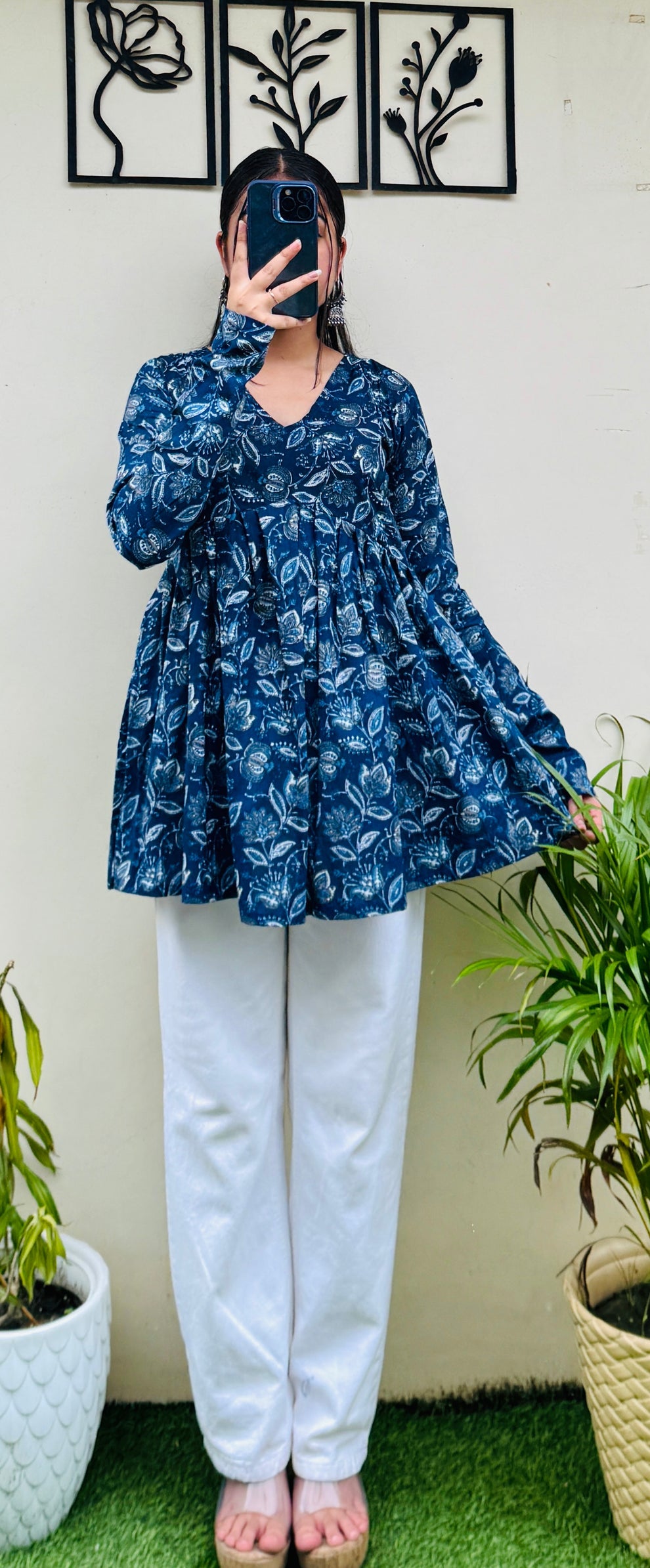 Cotton Flared Blue Aliacut Floral Print Peplum Top