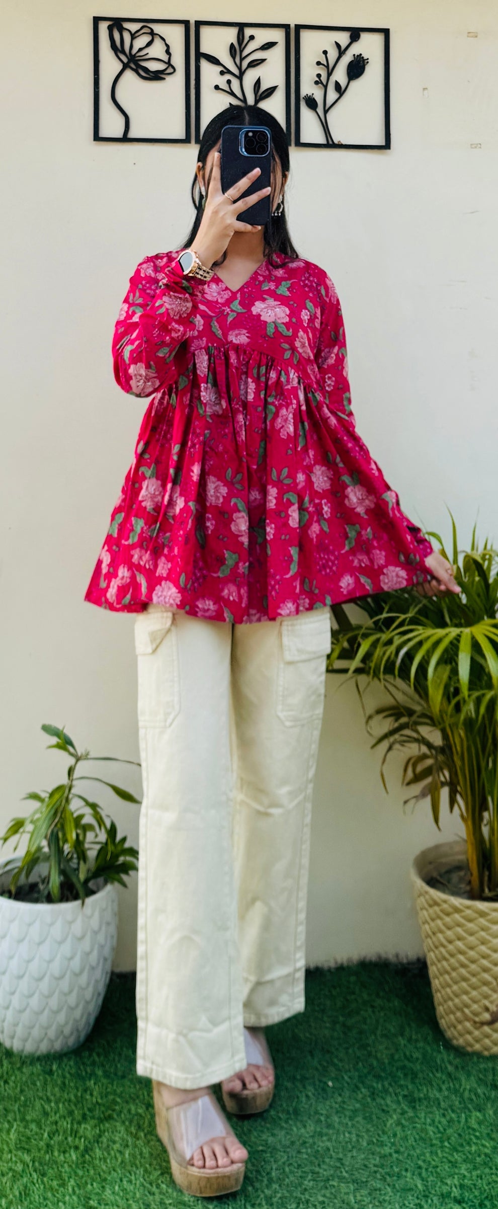 Cotton Pink Flared Floral Print Aliacut Peplum Top