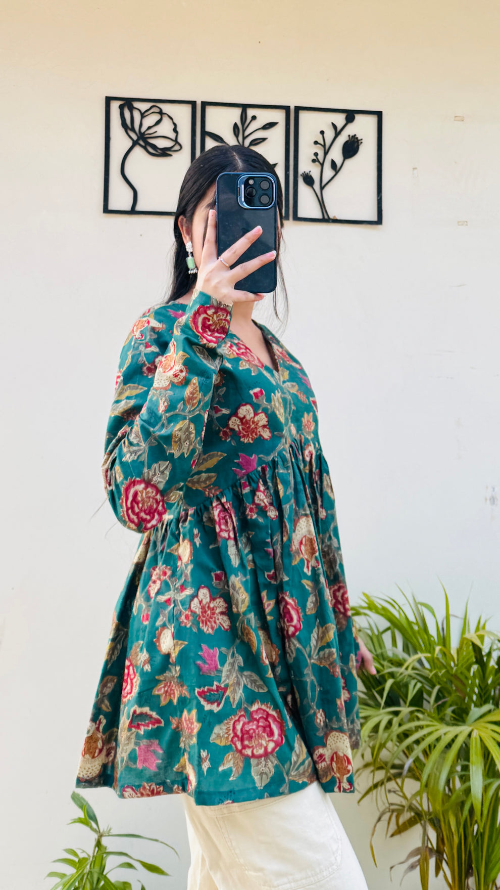 Cotton Flared Bottle Green Aliacut Floral Print Peplum Top