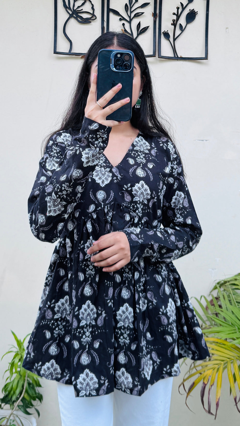 Cotton Blue Flared Printed Aliacut Peplum Top