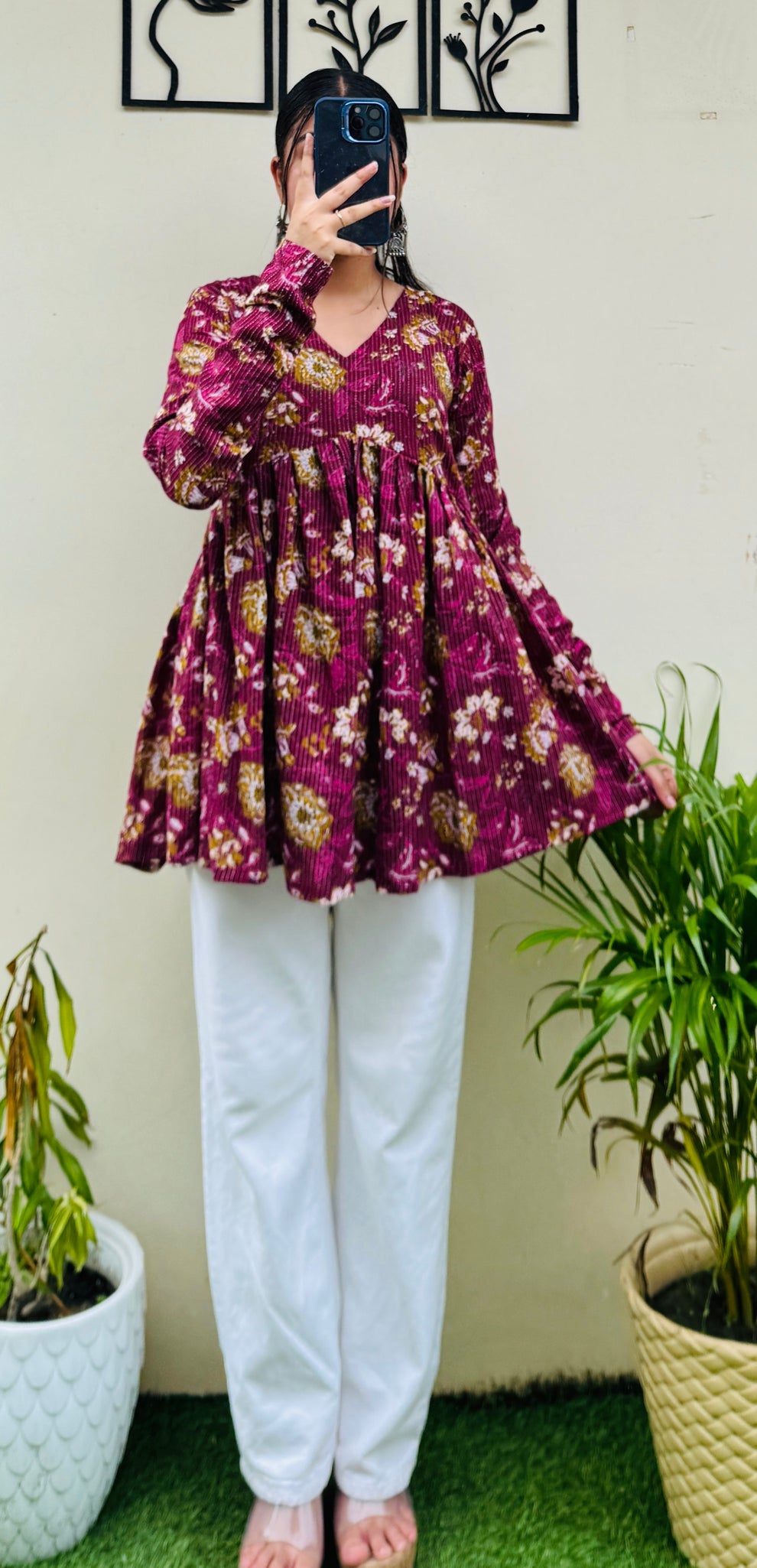 Cotton Katha Flared Wine Aliacut Floral Print Peplum Top