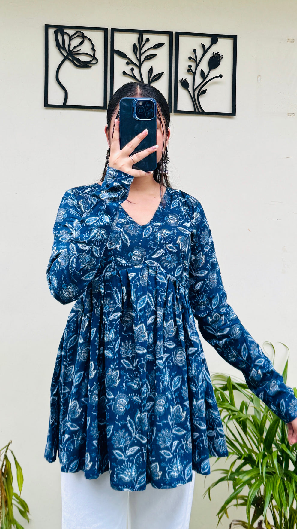 Cotton Flared Blue Aliacut Floral Print Peplum Top