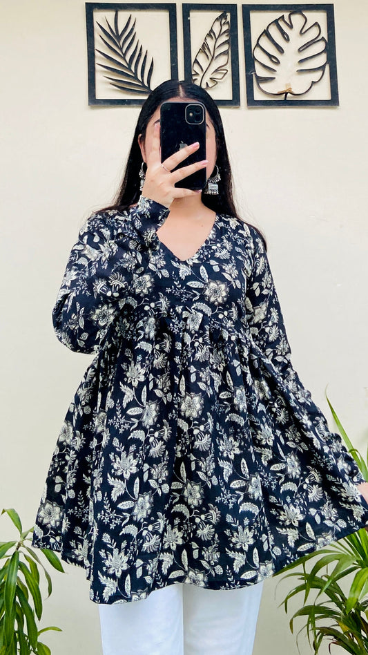 Cotton Flared Black Floral Print Aliacut Peplum Top