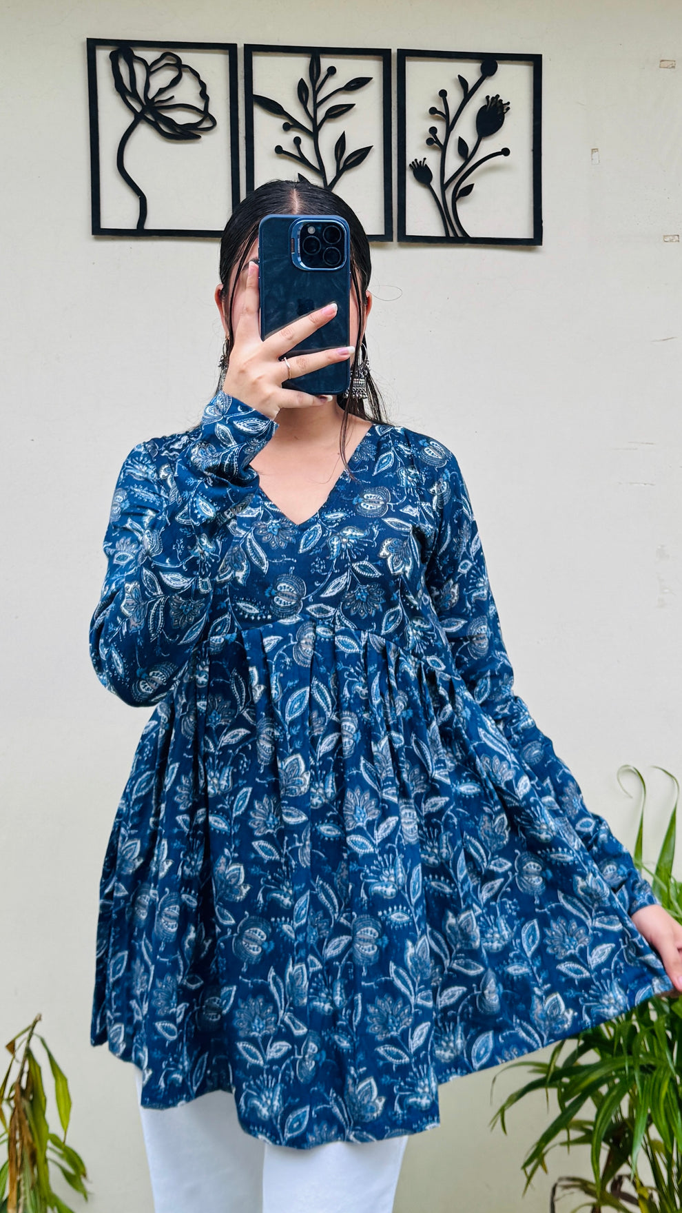 Cotton Flared Blue Aliacut Floral Print Peplum Top