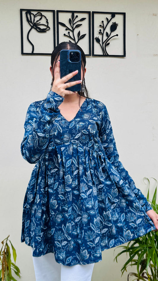 Cotton Flared Blue Aliacut Floral Print Peplum Top