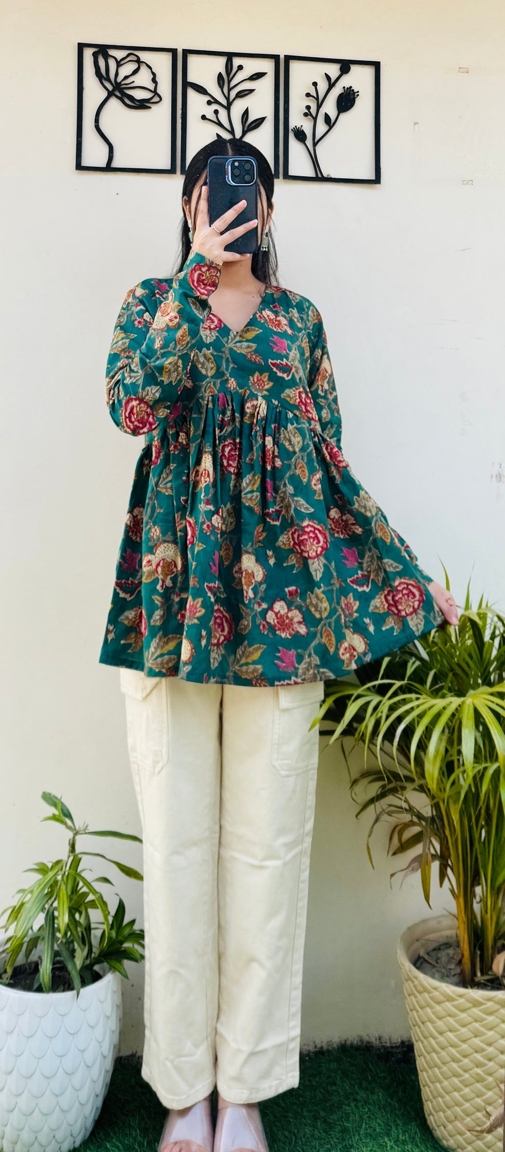 Cotton Flared Bottle Green Aliacut Floral Print Peplum Top